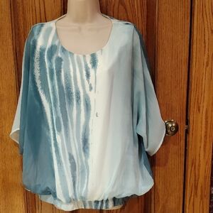 Elegant Teal & White Alfani Sheer Lined Blouse With Three-Quarter Sleeves Large